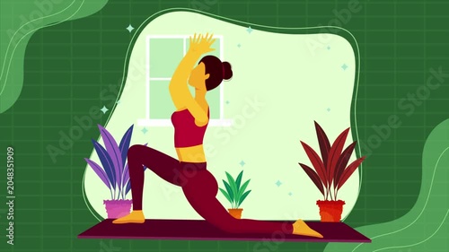 Yoga Time Home Workout Animation with Woman Practicing Low Lunge Pose in Modern Wellness Interior