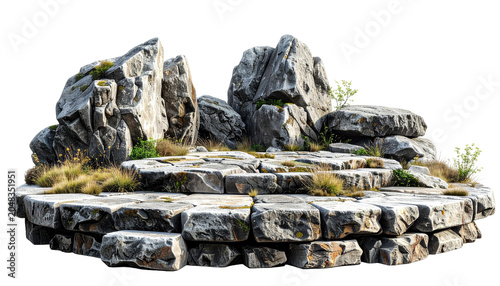 A stone platform with tiered levels and craggy rocks, set against transparency. Some greenery is present