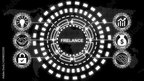A glowing blue circular diagram with the word freelance in the center and six surrounding icons representing business concepts.