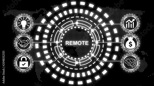 A glowing blue circular diagram with the word remote in the center and six surrounding icons representing business concepts.