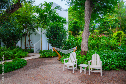 Two white chairs and a hammock in a garden with trees and green peach trees as a background.