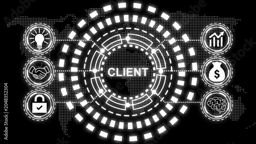 A glowing blue circular diagram with the word client in the center and six surrounding icons representing business concepts.