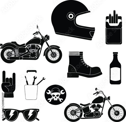 Fotografie Biker, motorcycle, and rocker icons, black vector set, 10 symbols