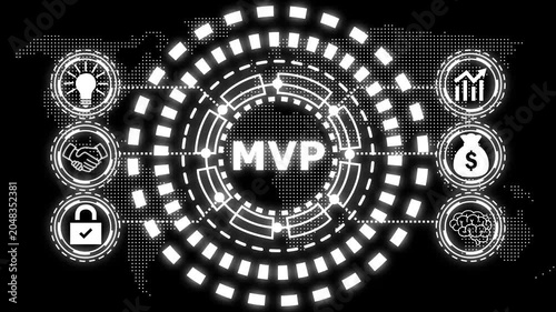 A glowing blue circular diagram with the word mvp in the center and six surrounding icons representing business concepts.