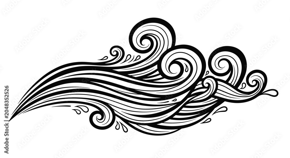 Fototapeta premium Stylized black and white graphic of flowing ocean waves with decorative swirls and splashing water droplets.