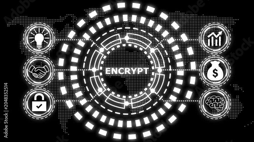 A glowing blue circular diagram with the word encrypt in the center and six surrounding icons representing business concepts.
