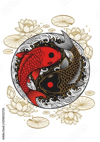 Red and Black Koi Fish Yin Yang Circle Japanese Tattoo Art with White Lotus Flowers