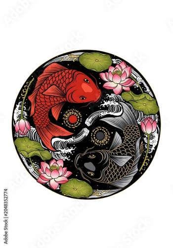 Japanese Koi Fish Yin Yang Mandala with Lotus Flowers Gold Border Traditional Art