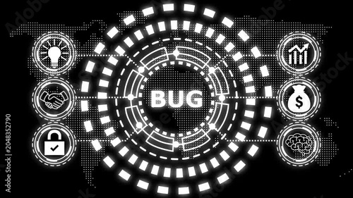 A glowing blue circular diagram with the word bug in the center and six surrounding icons representing business concepts.