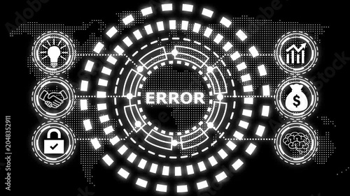 A glowing blue circular diagram with the word error in the center and six surrounding icons representing business concepts.
