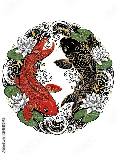 Japanese Koi Fish Yin Yang Mandala with Lotus Flowers Gold Border Traditional Art