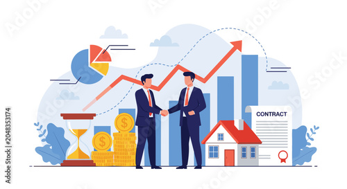 Business illustration showing two professionals shaking hands to seal a contract with graphs, money, and a house symbol in the background.
