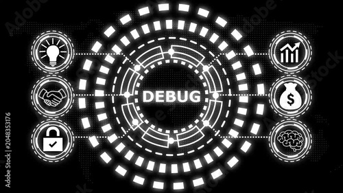 A glowing blue circular diagram with the word debug in the center and six surrounding icons representing business concepts.