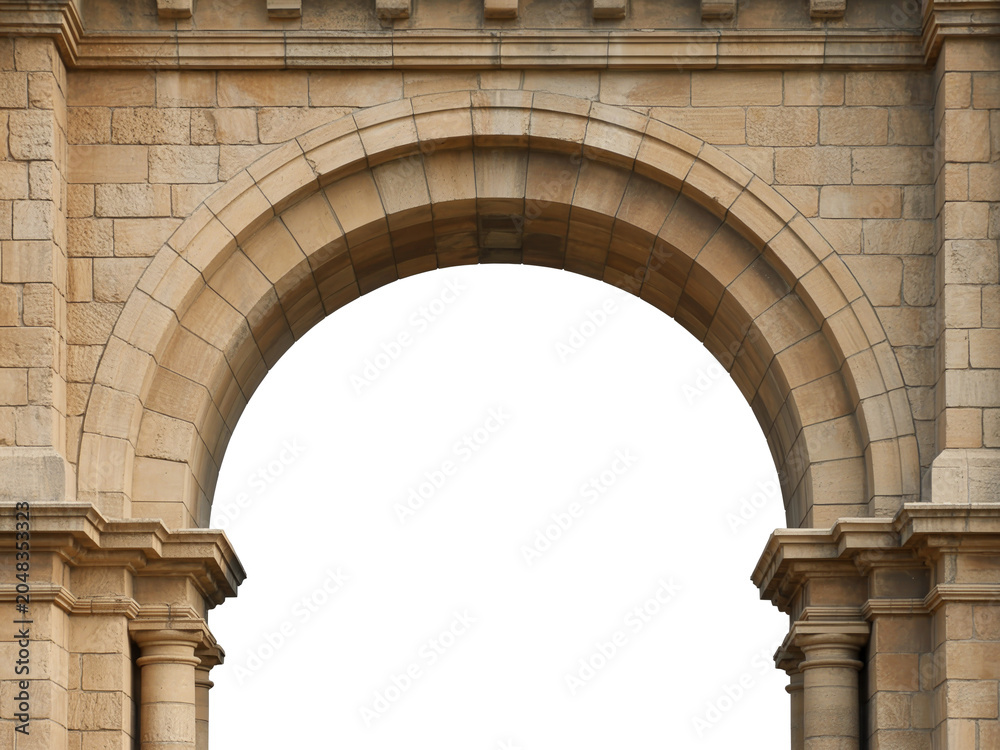 Fototapeta premium Detailed Architectural Photograph of a Classical Stone Archway with Keystone and Brickwork Framing Blank White Sky
