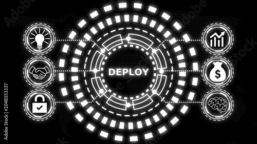 A glowing blue circular diagram with the word deploy in the center and six surrounding icons representing business concepts.