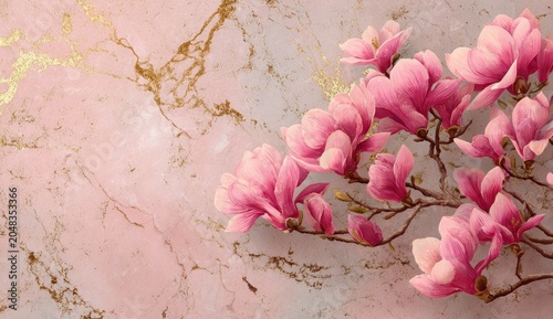Soft pink blooms cascade across a textured background of marble and gold. Delicate petals unfold against a luxurious aesthetic