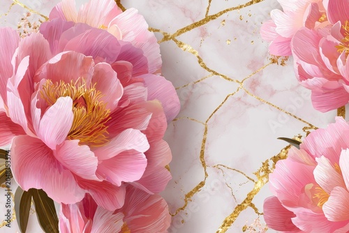 Soft pink flowers bloom against a backdrop of marble textured with gold veins. The image radiates beauty