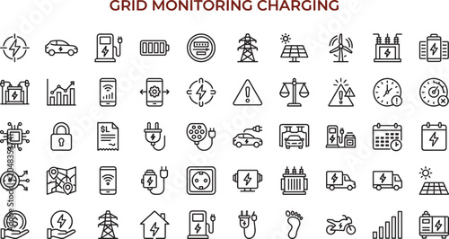 Minimal vector icon set of grid monitoring EV charging infrastructure battery management and renewable energy smart analytics symbols
