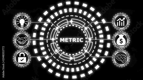 A glowing blue circular diagram with the word metric in the center and six surrounding icons representing business concepts.