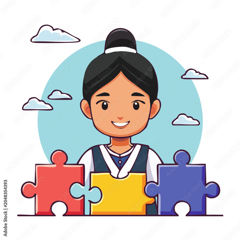 Obraz premium Cartoon woman assembling puzzle pieces with clouds in background