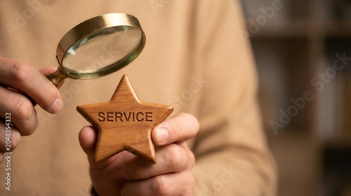 Hand Holding Wooden Star with Service Inscription Under Magnifying Glass Quality Assurance Audit Concept