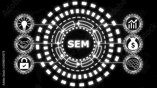 A glowing blue circular diagram with the word sem in the center and six surrounding icons representing business concepts.