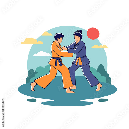 Two people in judo uniforms sparring outdoors