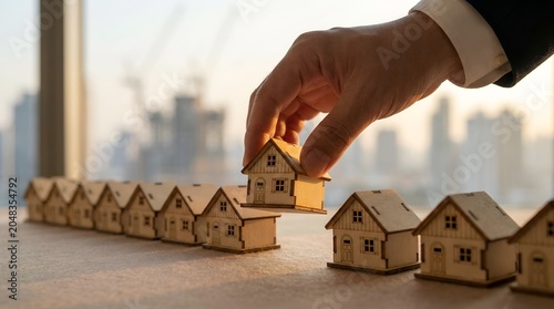 Hand Placing Miniature Wooden House in Row of Properties Real Estate Portfolio Expansion Concept