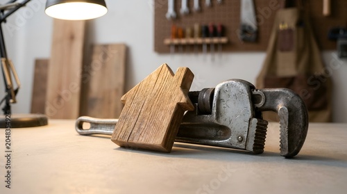 Miniature Wooden House Resting on Industrial Metal Pipe Wrench Tool Residential Maintenance Renovation Concept