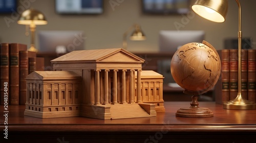 Detailed Wooden Model of Classical Government Courthouse Building Next to Globe Sovereign Legal Infrastructure Concept