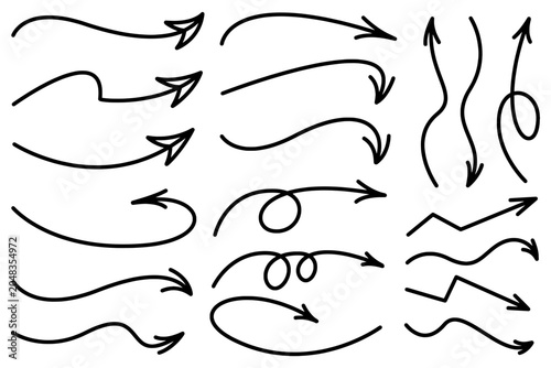 Hand drawn black doodle arrow set vector, curved swirl loop sketch pointer collection for graphic design, Wavy Zigzag arrow infographic elements.