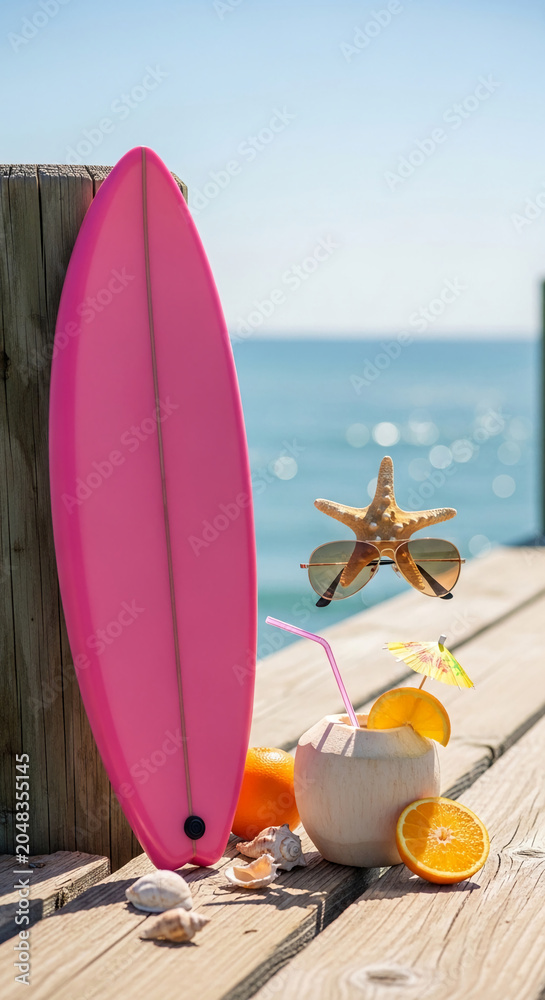 Obraz premium Pink surfboard with drink and starfish sunglasses on a wooden pier, embodying summer vacation and beach relaxation