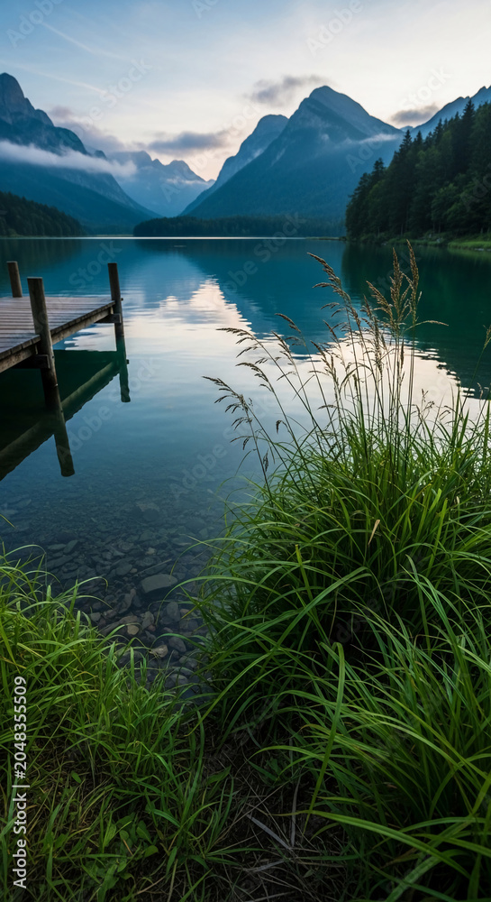Obraz premium Calm lake and misty mountains at dawn with a wooden pier. Symbolizes tranquility, nature's beauty, and a serene escape, perfect for travel or relaxation themes