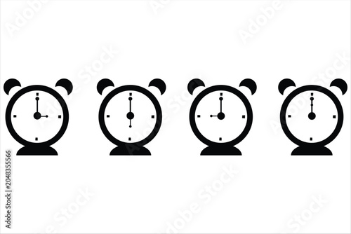 Set of alarm clock icons with different times, minimalist flat vector illustration