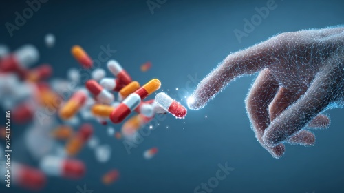 Conceptual illustration of human hand touching medical pills on a blue background
