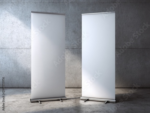 Two upright, blank display banners stand on a concrete surface against a textured gray wall, bathed in soft, indirect light