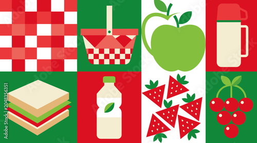 Colorful picnic flat lay composition with checkered pattern basket sandwich strawberries apple cherries and drink bottle on green and red background