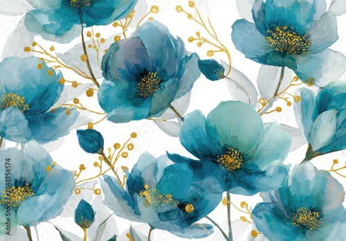 Watercolor floral arrangement featuring teal and blue blossoms with golden accents and foliage against a white background