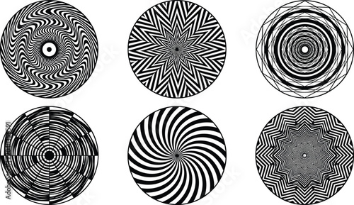 Fotografie Abstract Op Art Circular Graphic Vector Set Featuring Hypnotic Spiral Patterns a