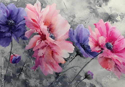 Watercolor floral painting featuring vibrant blossoms in pinks and purples against a muted grey background. Delicate details enhance artistic style