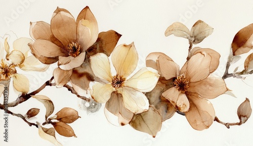 Watercolor illustration showcasing a branch of blooming flowers. Delicate petals in warm hues, artfully arranged against a white backdrop