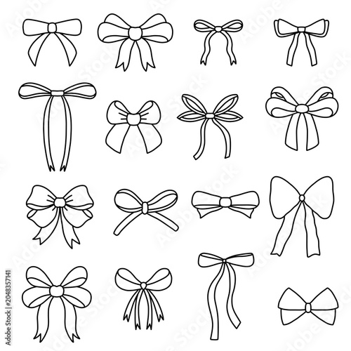 Silhouette bows doodle set, outline elements