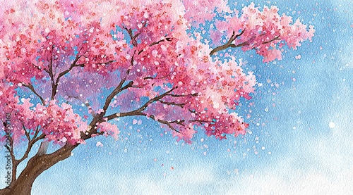 Watercolor illustration showcasing a vibrant flowering cherry blossom tree against a clear, light-blue sky with floating petals