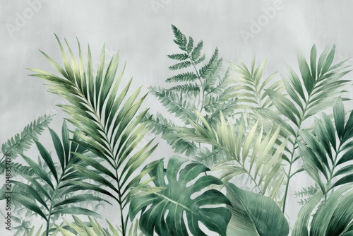 Watercolor illustration showcasing lush tropical foliage in various shades of green, with a blurred, gray gradient background
