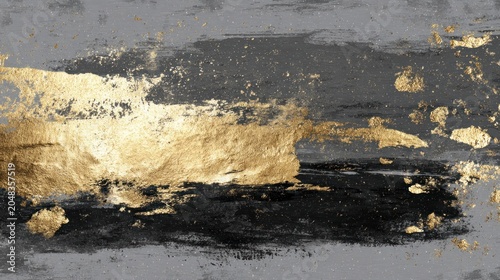 Abstract gold paint strokes on gray background modern art design