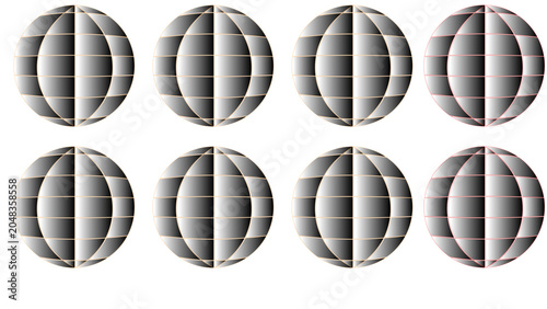Fotografie Globes appear in a structured grid formation consisting of eight individual spherical wireframe maps with gradient shading arranged across a plain white surface for technical or data presentation