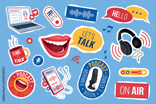 Podcast stickers. Internet radio broadcast, social media live game stream open microphone mouth pop music sound mic record modern trendy design set qualitative vector illustration