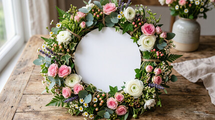 Elegant floral wreath composed of soft pink roses, white ranunculus, and delicate greenery surrounding a blank white circular card, resting on a rustic wooden tabletop for Mother's Day mockup.