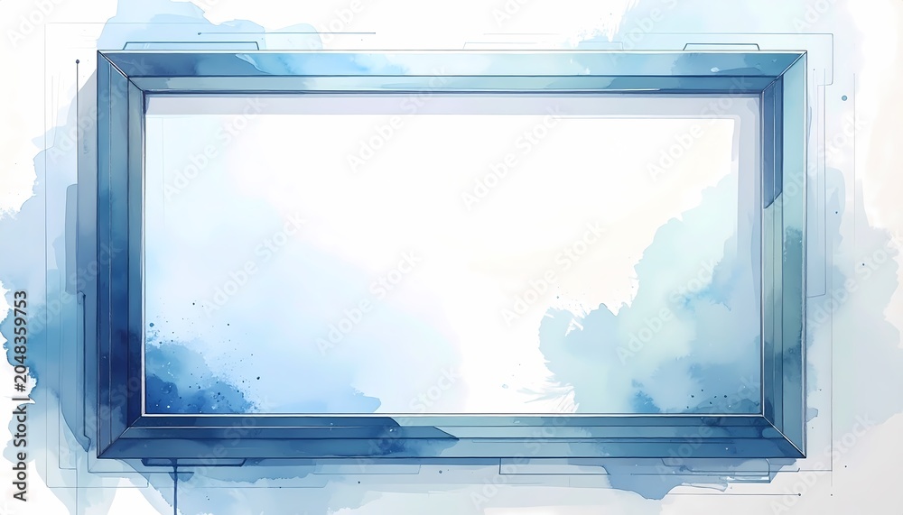 Fototapeta premium Blue modern rectangular frame front view for digital mockup presentation artistic watercolor illustration with technical sketch lines soft cool lighting on white blue painterly background