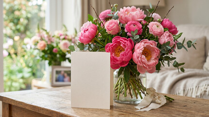 Blank white greeting card mockup leaning against a lush bouquet of fresh pink peonies in a vase, elegant floral background for Mother's Day, wedding invitation or romantic seasonal message.